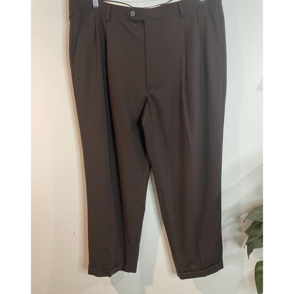 Pronto Uomo Mens Dress Pants 40W 100% Wool Flat Front Brown